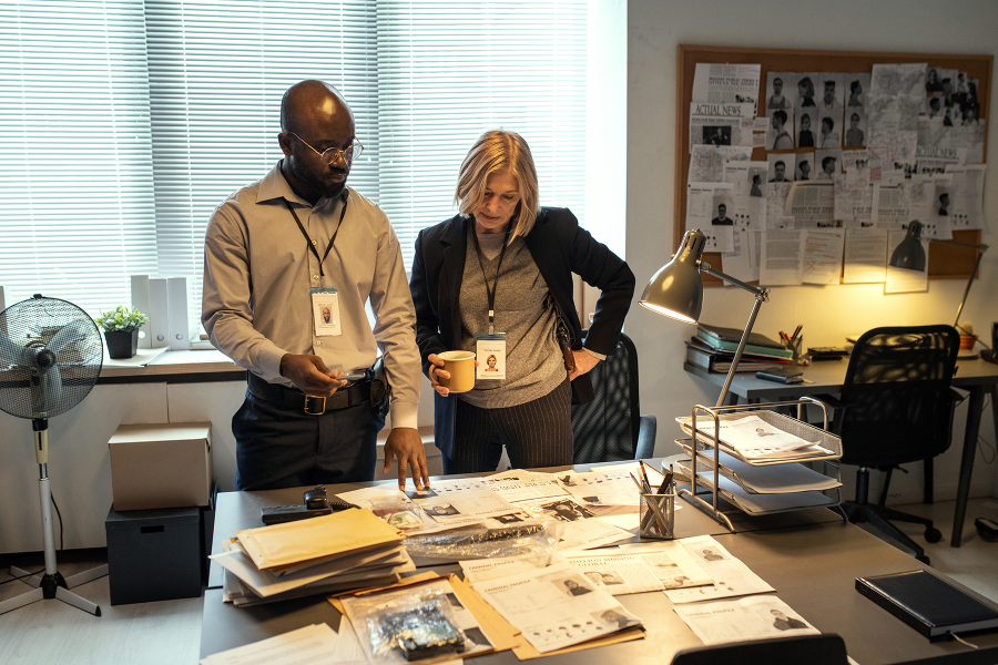 People wearing credentials on lanyards pore over information on an office desk