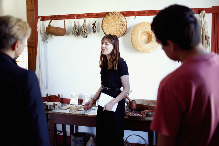 A tour guide explains something to a group of people in an historical house.